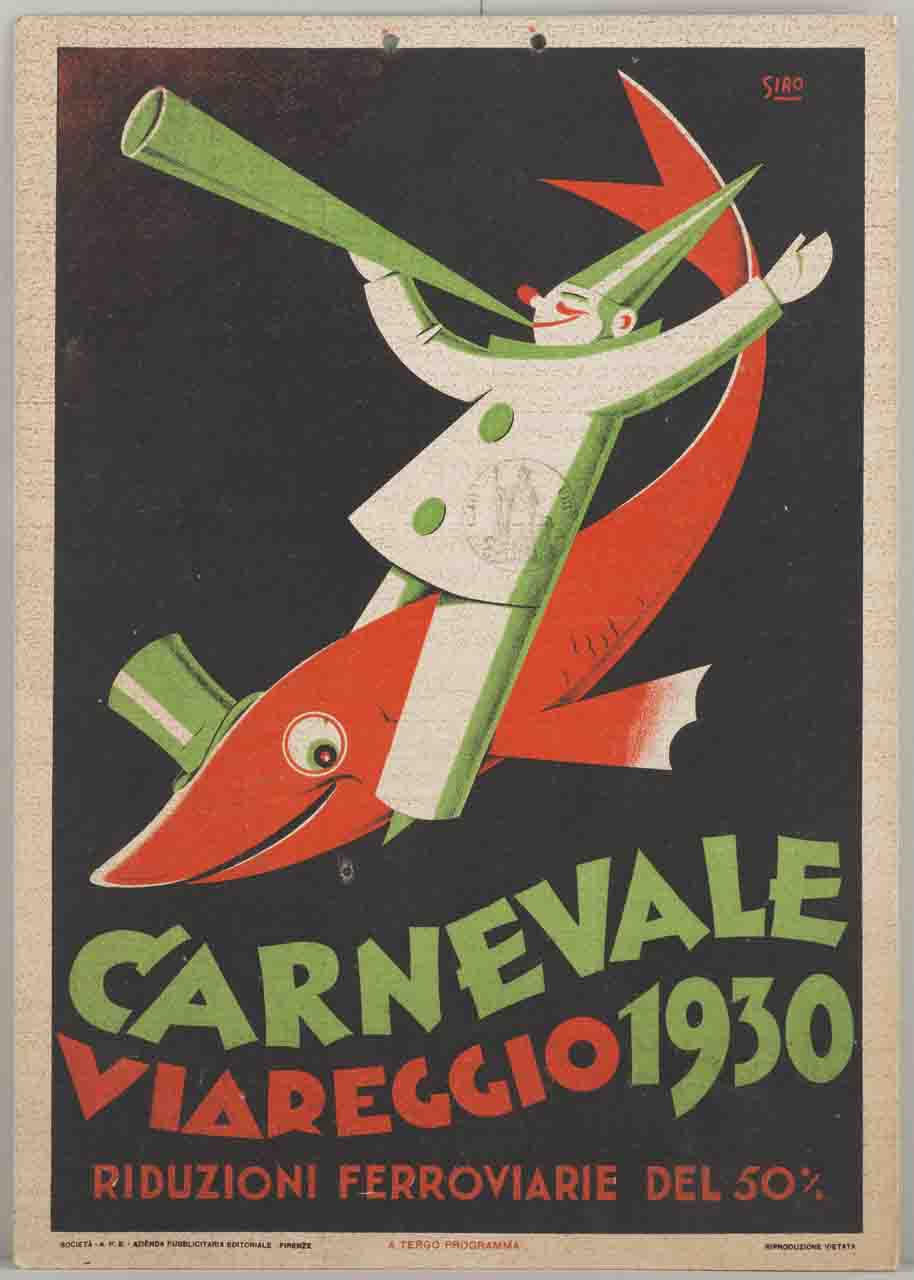 Carnevale Viareggio 1930 pagliaccio suona la tromba a cavallo di u